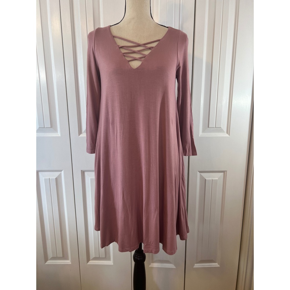 Emerald Mauve Lattice V-Neck Long Sleeve Swing Dress Large ETK-4182
